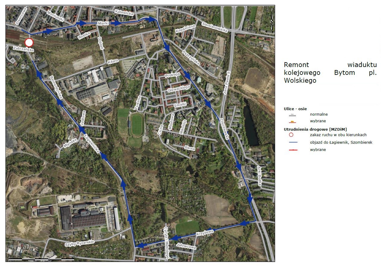 Mapa objazdu dla ruchu kołowego z centrum do Szombierek i Łagiewniki