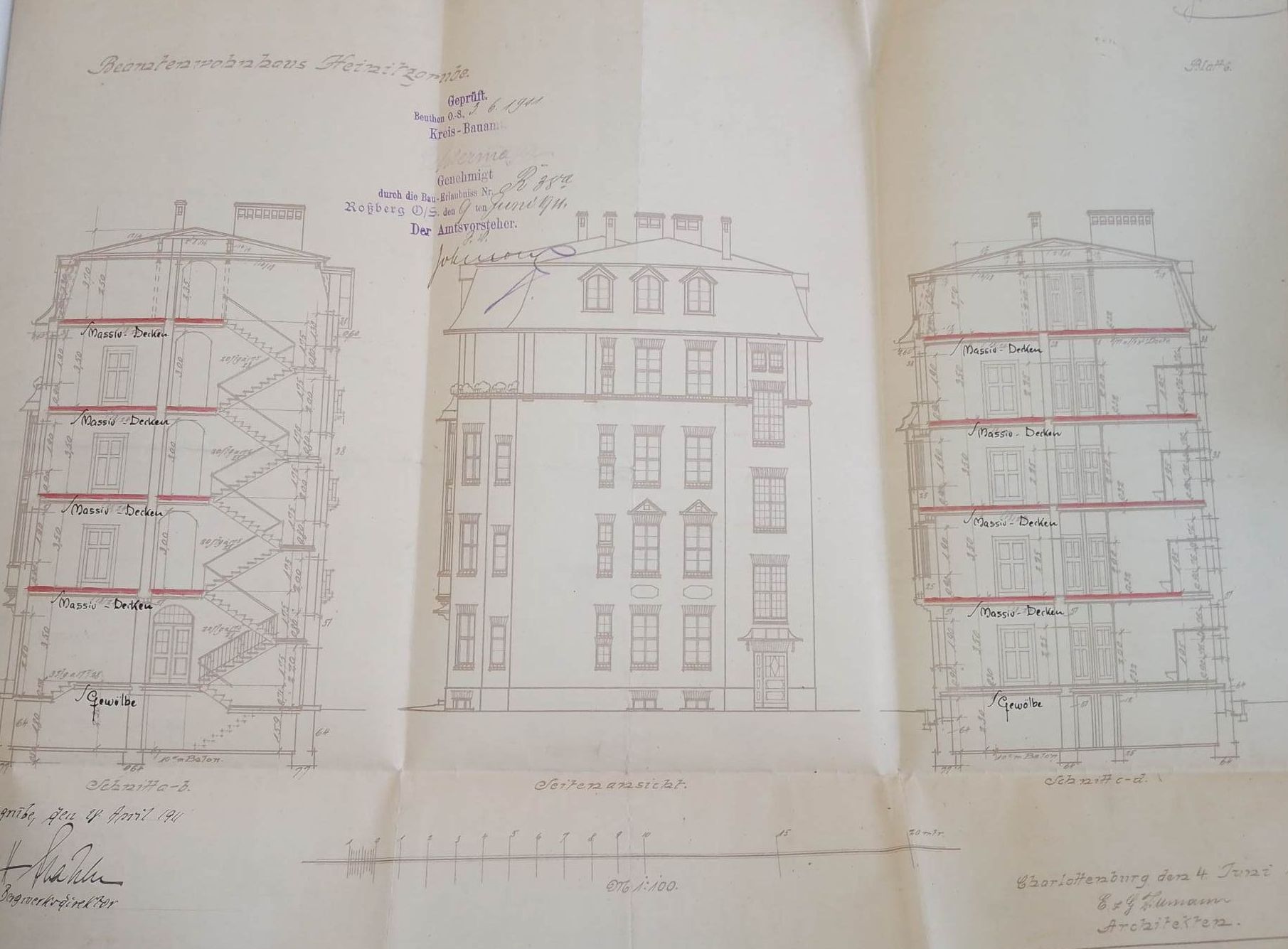 Rzuty kondygnacji budynku przy Bergstrasse /obecnie Miarki/ według projektu Emila i Georga Zillmanów, fot. Archiwum Urzędu Miejskiego w Bytomiu