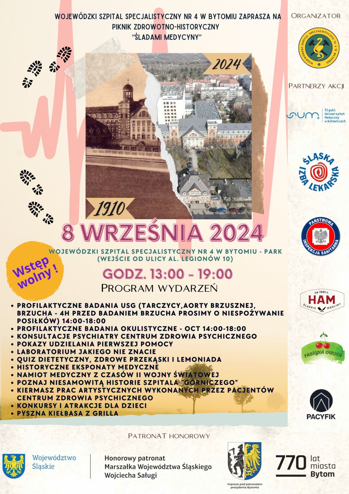 Plakat informacyjny dotyczący pikniku zdrowotno- historycznego 