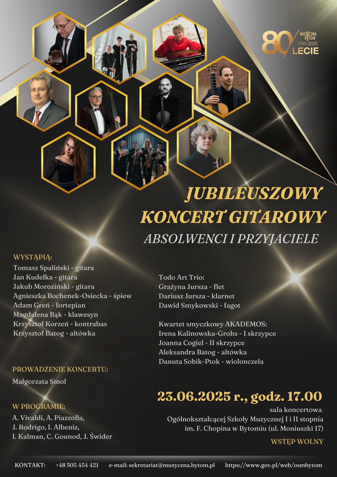 Plakat informacyjny dotyczący koncertu gitarowego w szkole muzycznej