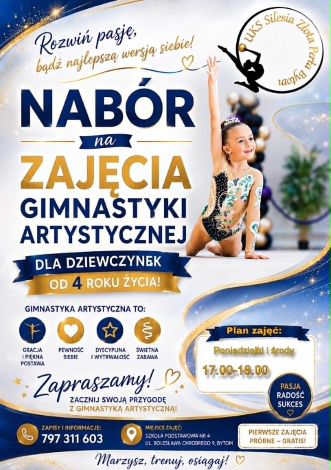 Plakat promujący zapisy na gimnastykę artystyczną