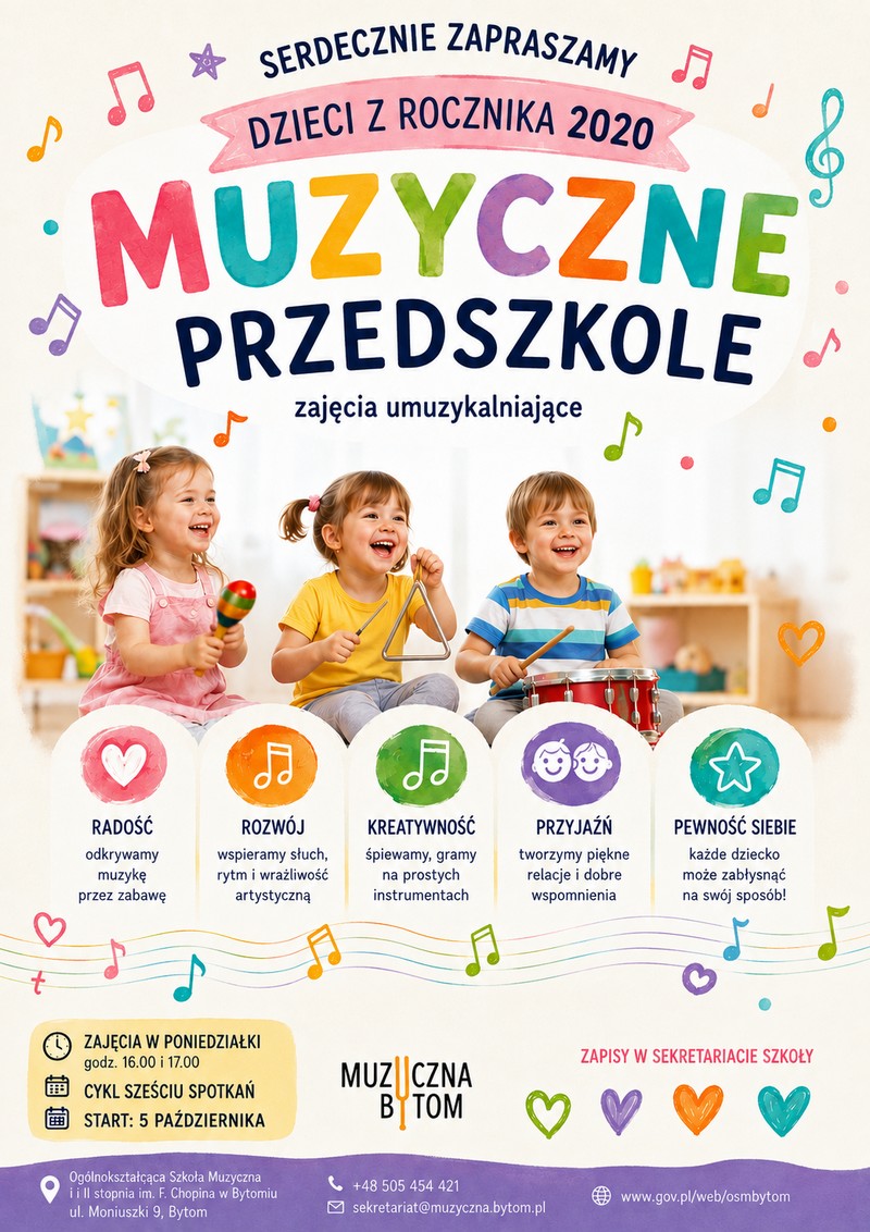 Plakat zapowiadający zajęcia -Muzyczne Przedszkole – pierwsze spotkanie z muzyką Plakat zapowiadający zajęcia -Muzyczne Przedszkole – pierwsze spotkanie z muzyką