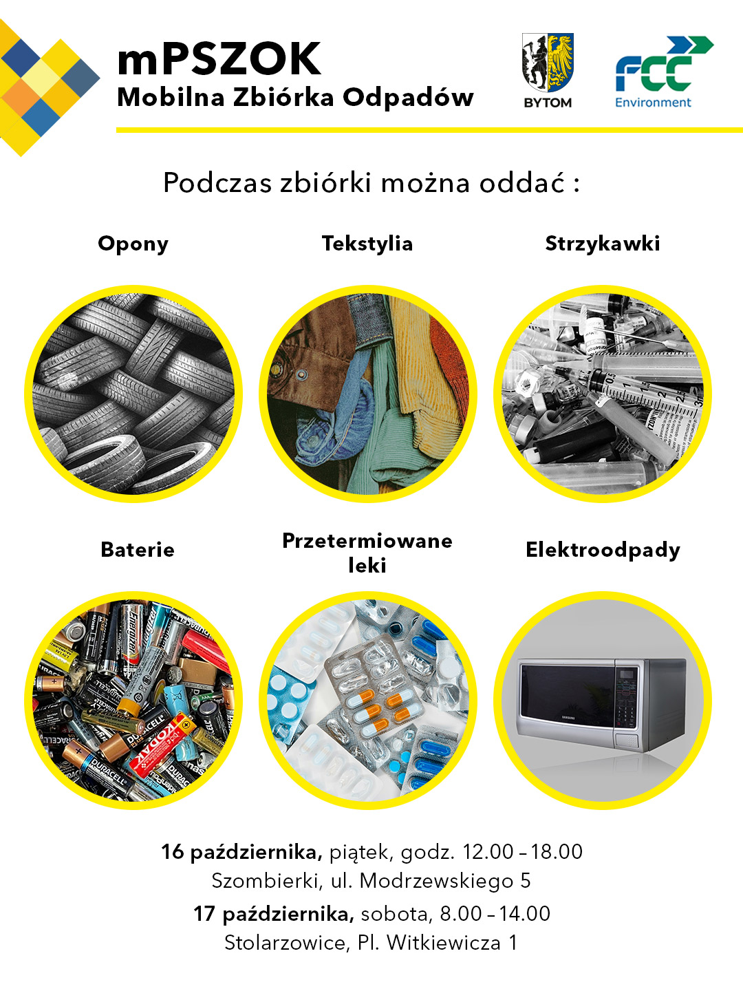 Mobilna zbiórka odpadów komunalnych odbędzie się 16 i 17 paźdzernika w Szombierkach i Stolarzowicach Grafika informacyjna dotycząca mobilnej zbiórki odpadów komunalnych