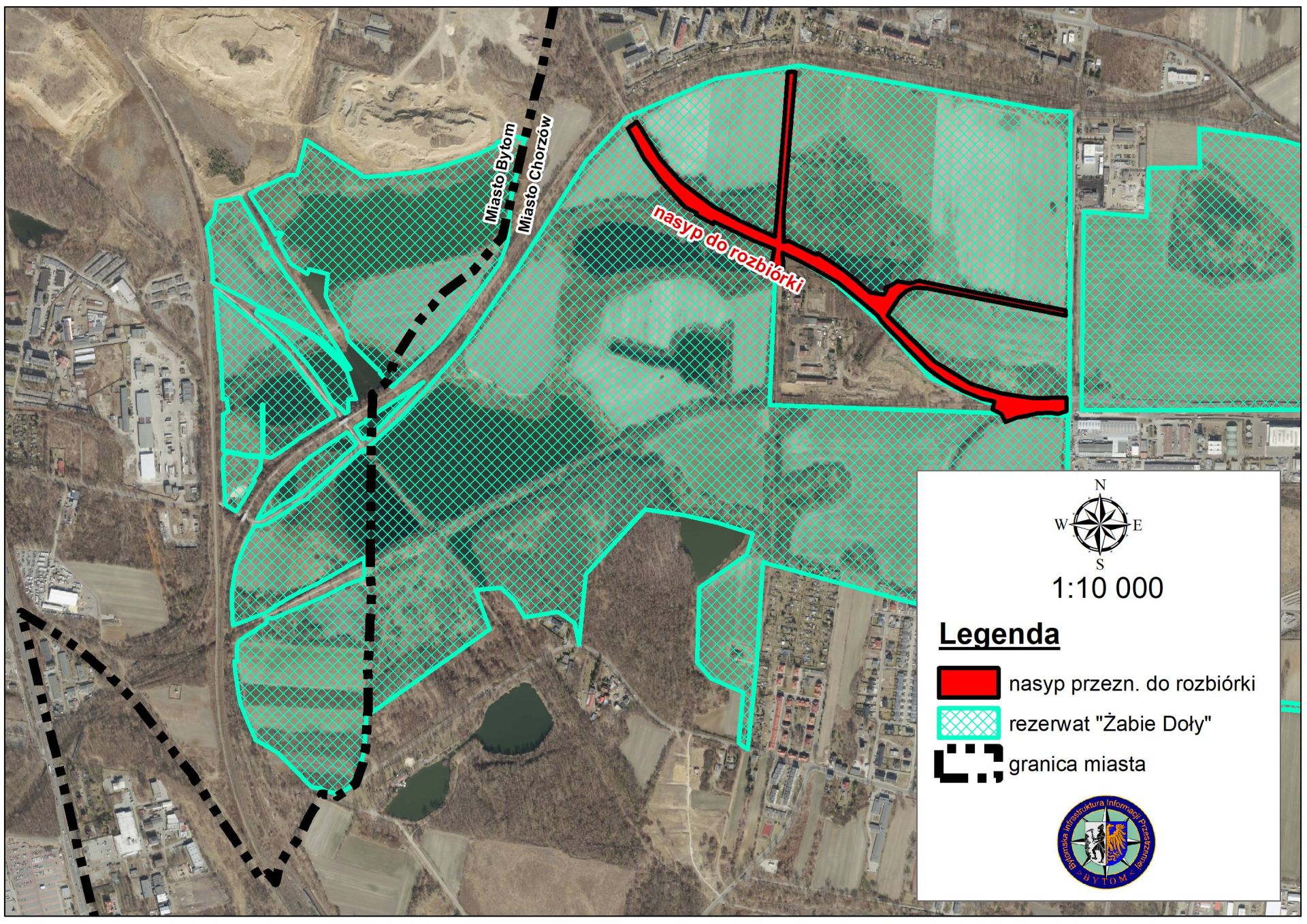 Mapa Żabich Dołów z zaznaczonym terenem nasypów kolejowych do planowanej rozbiórki