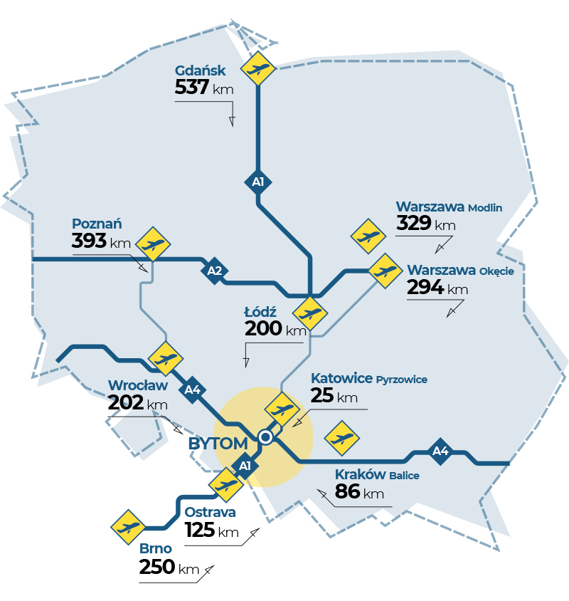 Bytom w środku aglomeracji śląskiej - mapa poglądowa